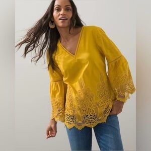 Chicos Pullover Top Embroidered Lace Cutout Top 3/4 Bell Sleeve